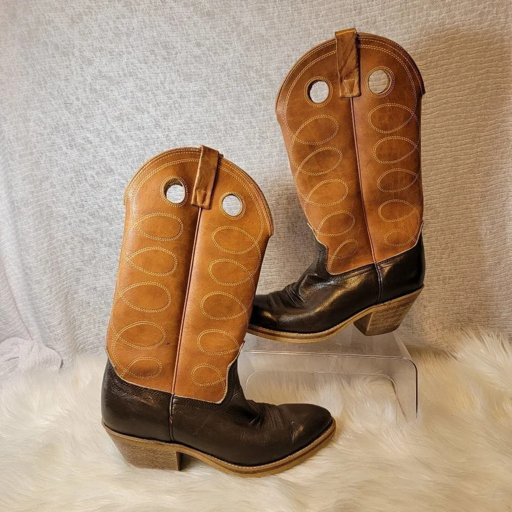 Vintage Acme Cognac Deep Brown Two Toned Cowboy Western Boots Pull On Retro